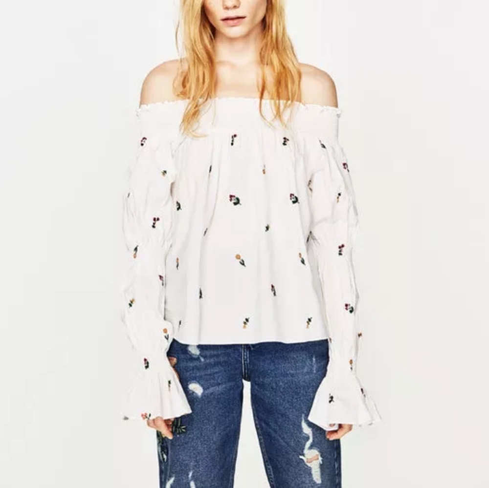 Zara Trafaluc Collection White Embroidered Poplin Peasant Blouse Size Small